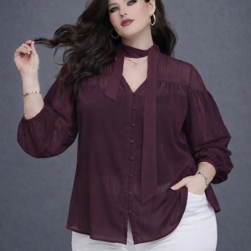 Time and Tru | Romantic Burgundy Tie-Neck Blouse | XL | NWT